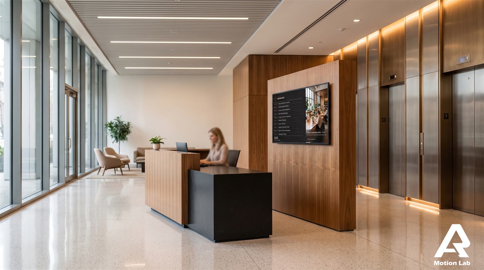 Digital wayfinding directory screen concept mockup in a corporate office lobby